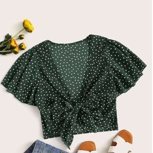 Cropped Green Polka Dotted Tie-Front Blouse Top
